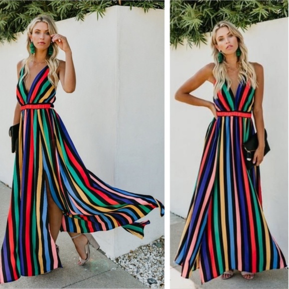 Vici Dresses & Skirts - VICI ‘Tyche’ Striped Multicolored Long Boho Maxi Dress w/Thigh Slits Sz …